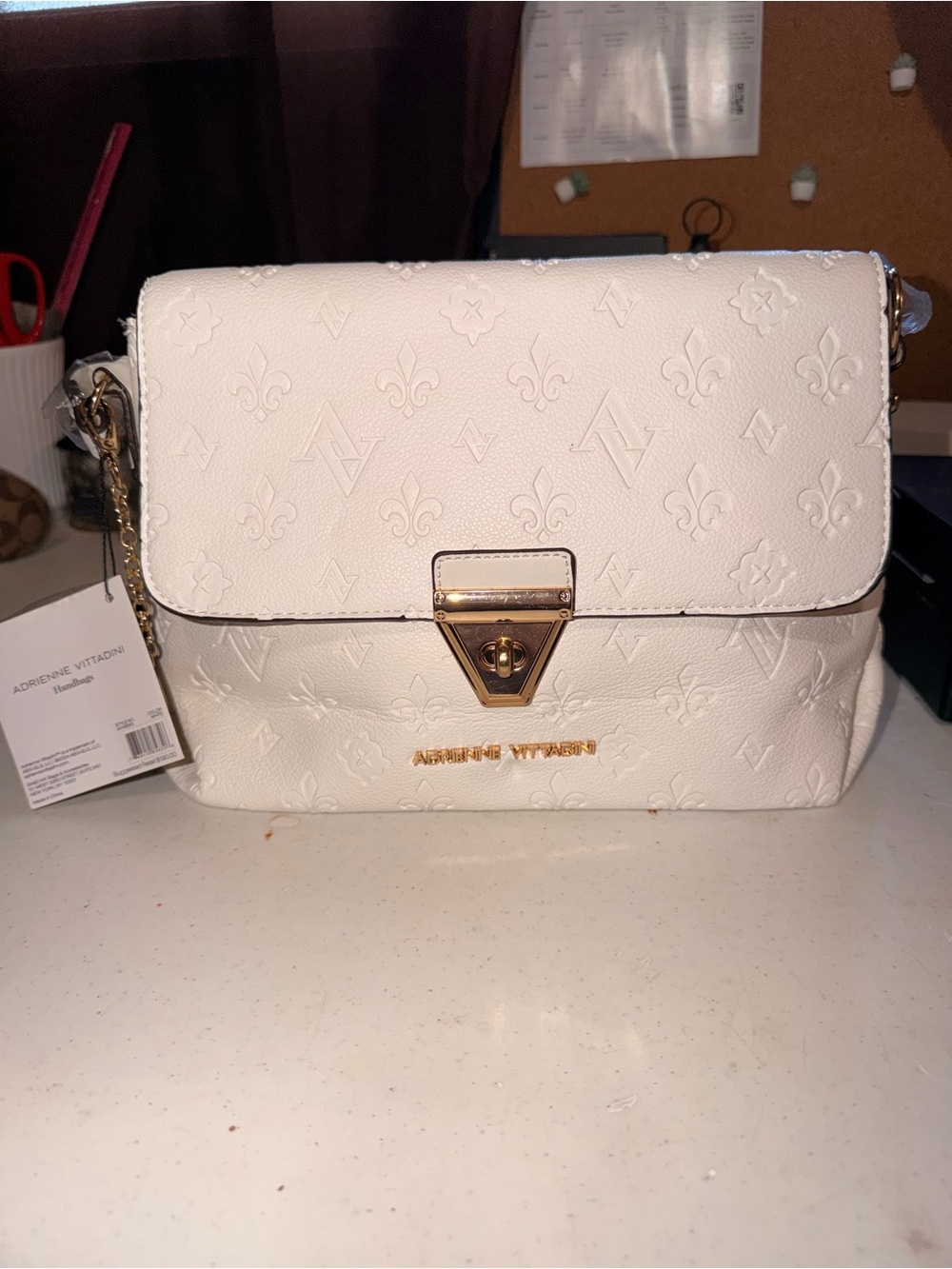 Adrienne Vittadini White Embossed Crossbody with Gold Hardware